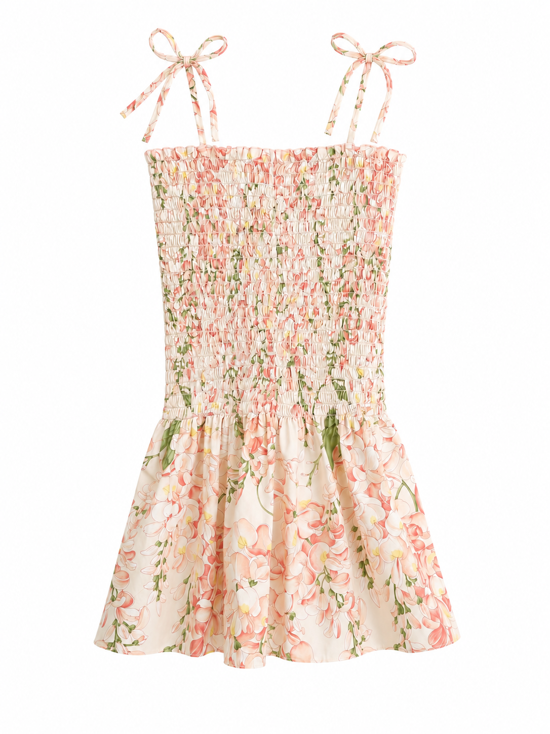 A sleeveless smocked dress with thin tie-shoulder straps, featuring a pink and green floral print on a cream background.