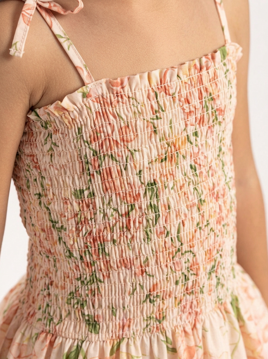 Close-up of a child wearing a smocked floral dress with thin tie straps and a ruffled neckline. The dress has a light peach and cream base with green leaves and pink floral patterns.