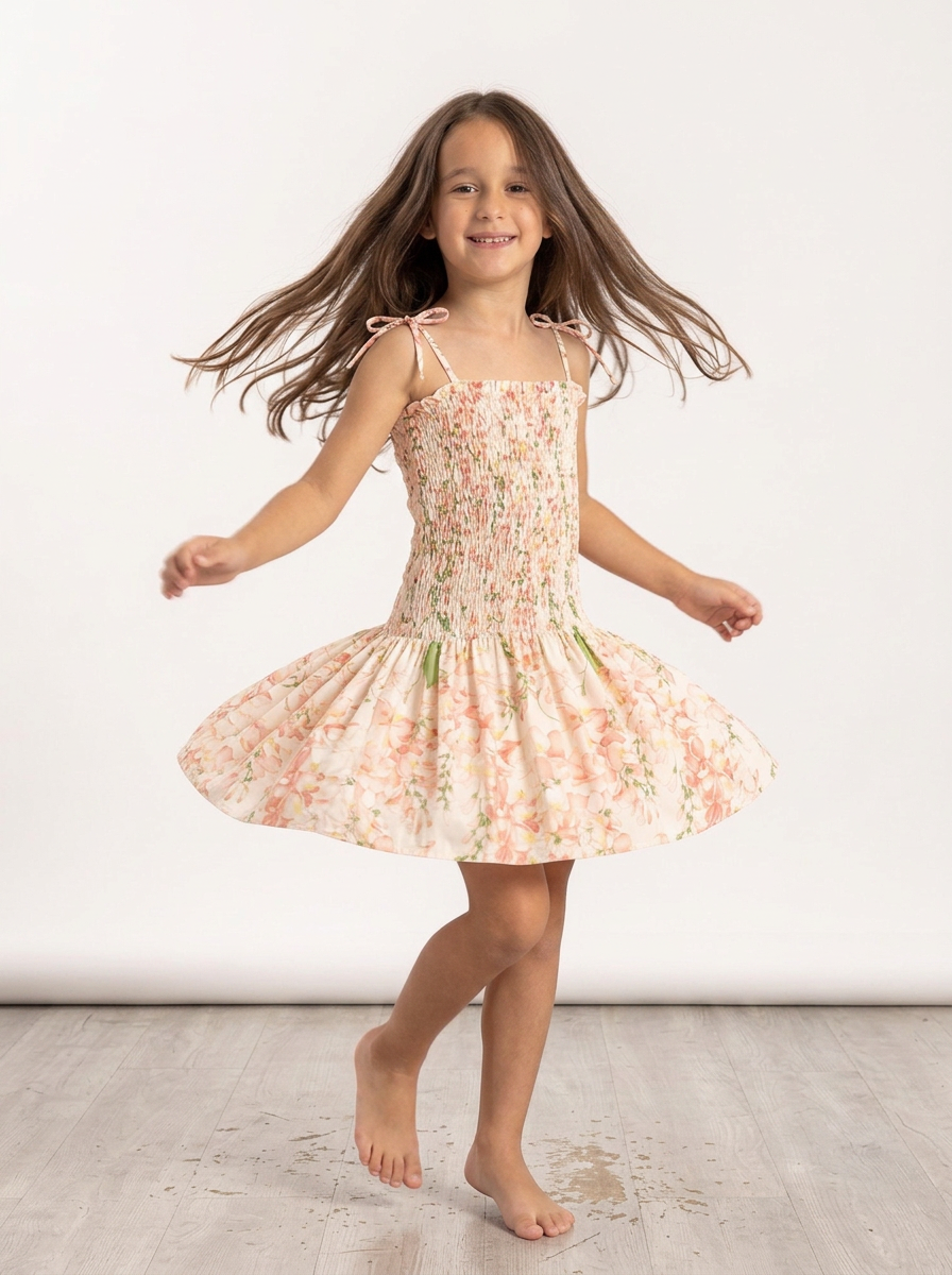 A young girl with long brown hair is captured mid-spin while wearing a sleeveless, smocked floral dress with pink tie straps. She is barefoot on a light wood floor against a clean white studio background.