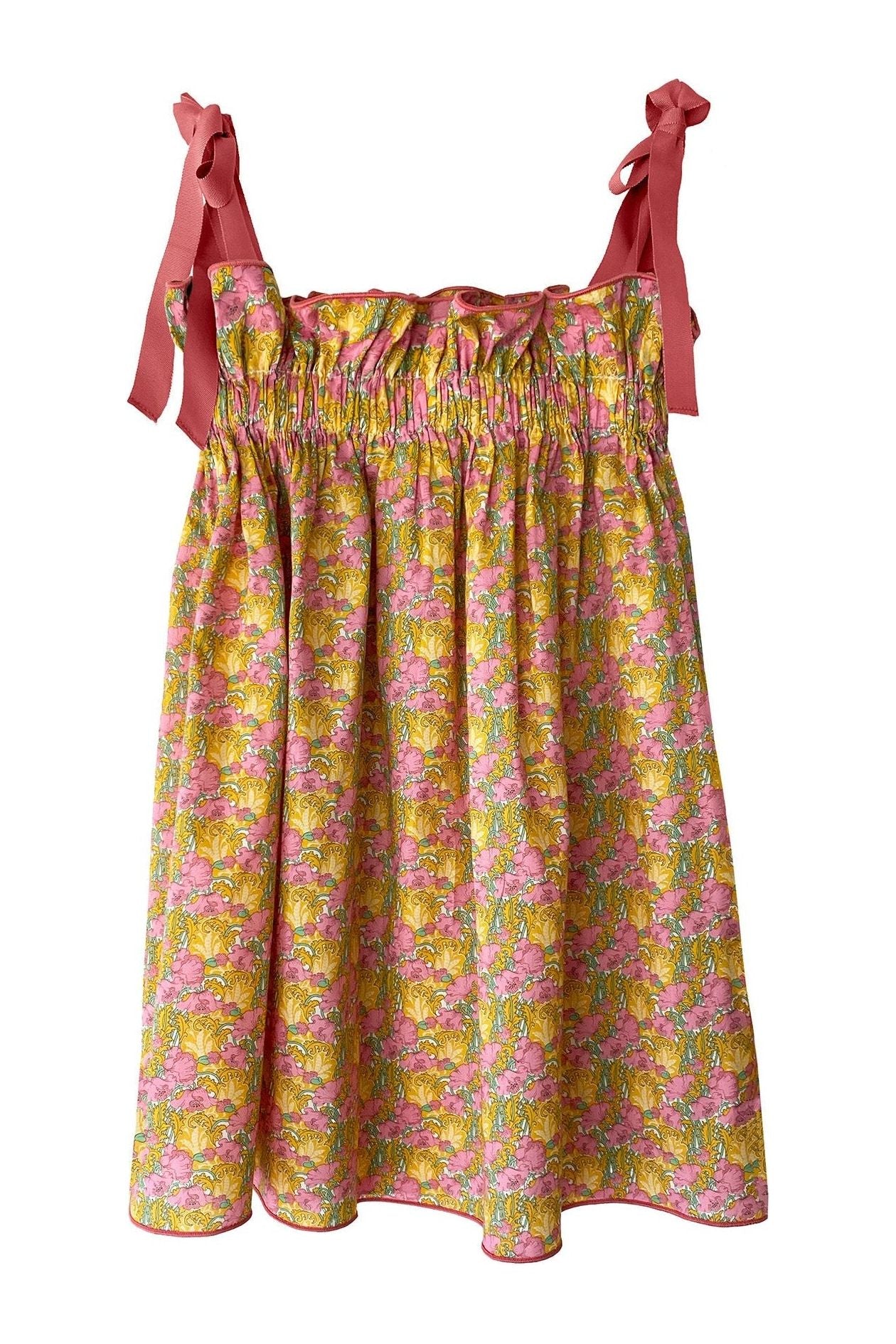 Pink and Yellow Floral Dress with Ribbon Straps for Girls