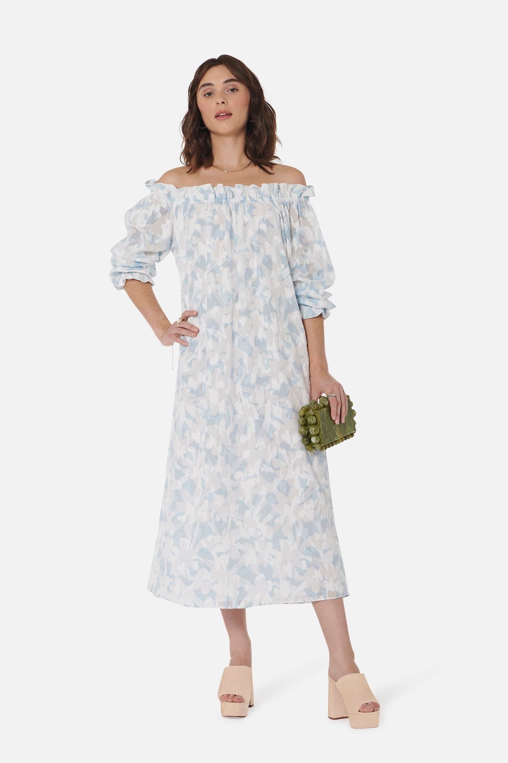 Women's Grace Dress in Pastel Blue & White Cotton Floral - Casey Marks